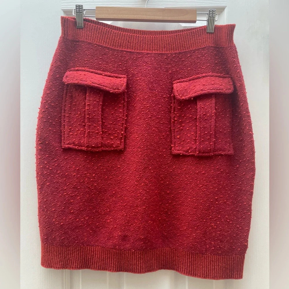 Anthropologie Deep Red Textured Knit Mini Skirt with Front Pockets